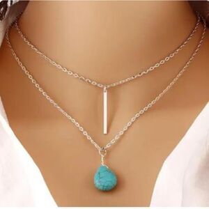 2 strand Silver Bar Layer Necklace Turquoise Pear Shaped Pendant chain necklace